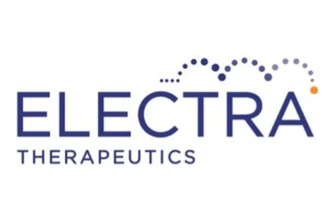 Electra Therapeutics logo on a blue molecular-pattern background.