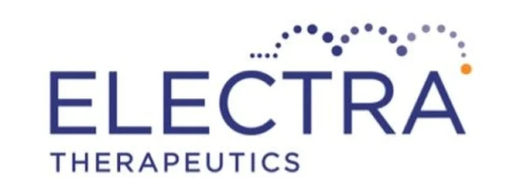 Electra Therapeutics logo on a blue molecular-pattern background.