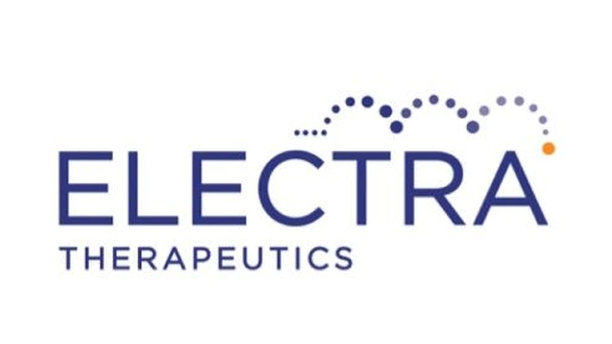 Electra Therapeutics logo on a blue molecular-pattern background.