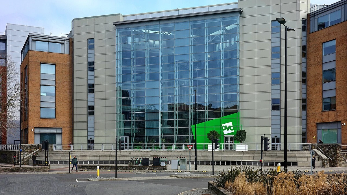 OVO Energy office building in Bristol with green OVO signage above the entrance.