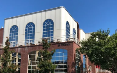 Palantir office building with the Palantir name visible on the facade.
