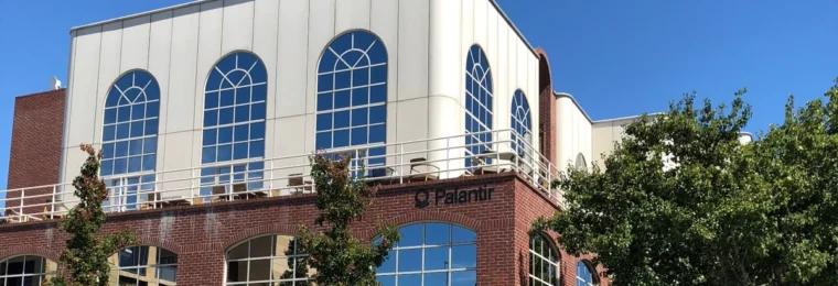 Palantir office building with the Palantir name visible on the facade.