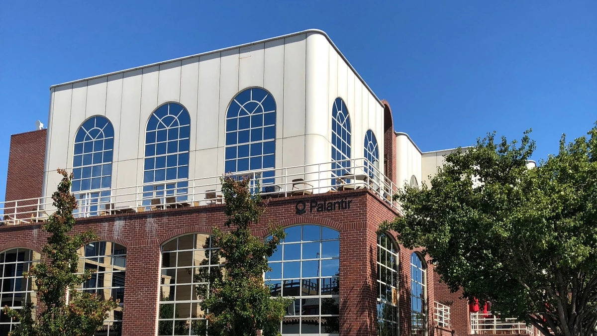 Palantir office building with the Palantir name visible on the facade.