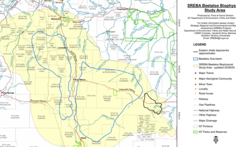 Official map showing the Beetaloo Sub-basin and surrounding study area in Australia's Northern Territory, including Daly Waters, roads, pipelines and the map legend.