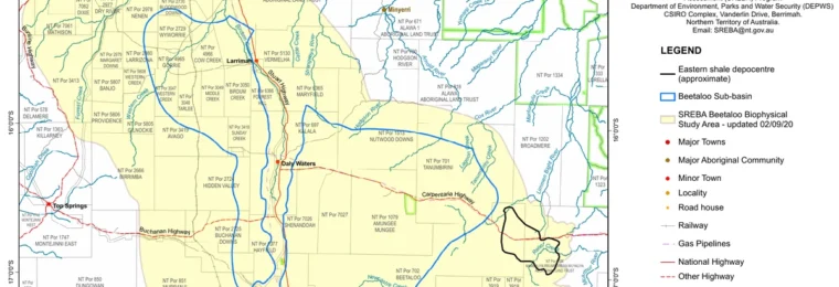 Official map showing the Beetaloo Sub-basin and surrounding study area in Australia's Northern Territory, including Daly Waters, roads, pipelines and the map legend.