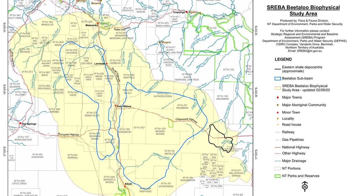 Official map showing the Beetaloo Sub-basin and surrounding study area in Australia's Northern Territory, including Daly Waters, roads, pipelines and the map legend.