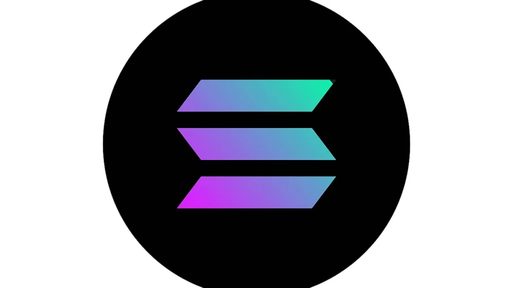 Solana logo in a black circle on a white background.