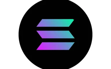 Solana logo in a black circle on a white background.