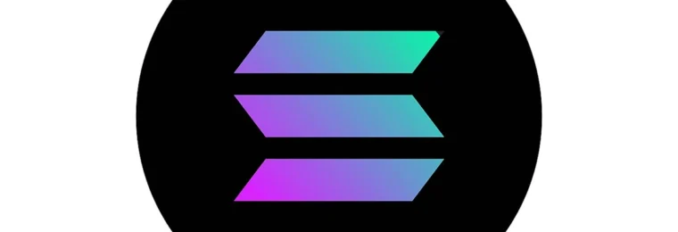 Solana logo in a black circle on a white background.