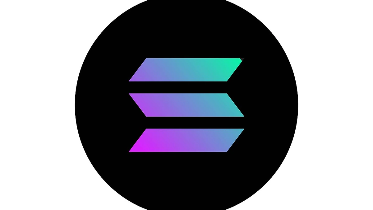 Solana logo in a black circle on a white background.