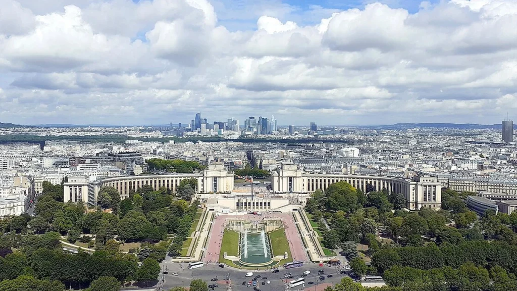 View across Paris toward the La Défense business district from the Eiffel Tower.