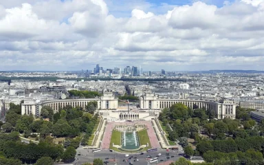 View across Paris toward the La Défense business district from the Eiffel Tower.