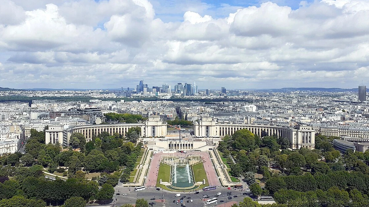 View across Paris toward the La Défense business district from the Eiffel Tower.