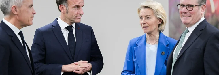 Mark Carney and Emmanuel Macron standing with Ursula von der Leyen and Keir Starmer in Johannesburg in November 2025.