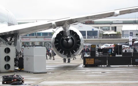 Rear view of a GE GEnx-1B turbofan on a Boeing 787 at the Paris Air Show.