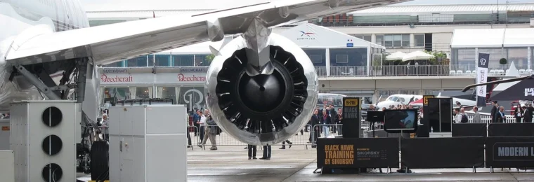 Rear view of a GE GEnx-1B turbofan on a Boeing 787 at the Paris Air Show.