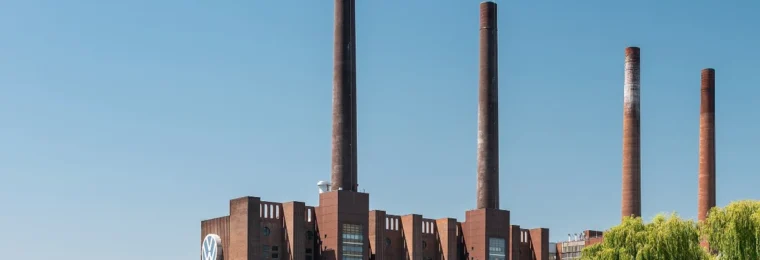 Volkswagen plant buildings and smokestacks in Wolfsburg, Germany.