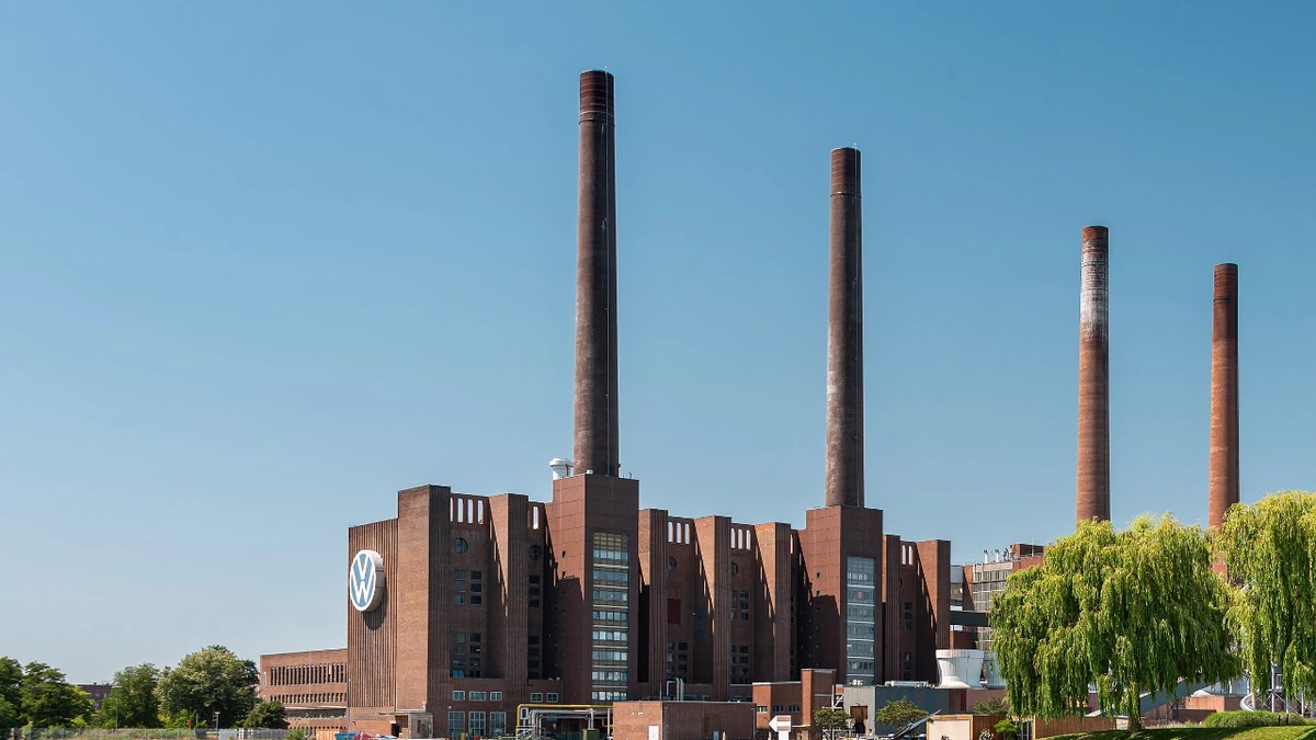 Volkswagen plant buildings and smokestacks in Wolfsburg, Germany.