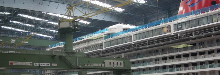 Cruise ship Disney Fantasy under construction at Meyer Werft in Papenburg, Germany.