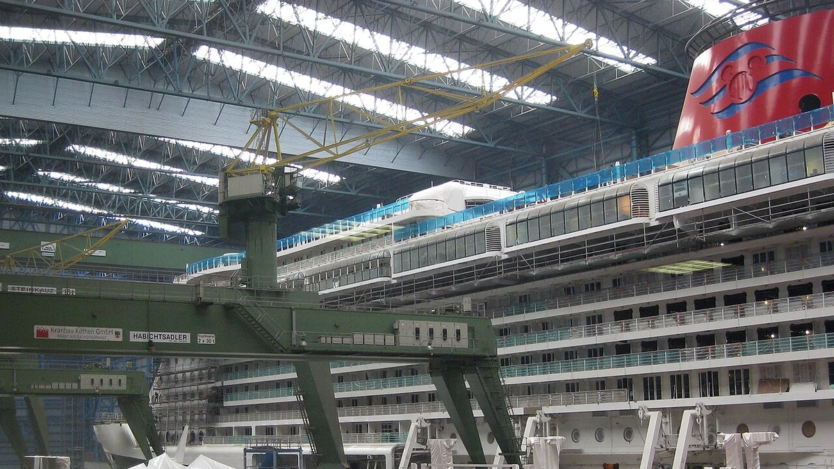 Cruise ship Disney Fantasy under construction at Meyer Werft in Papenburg, Germany.