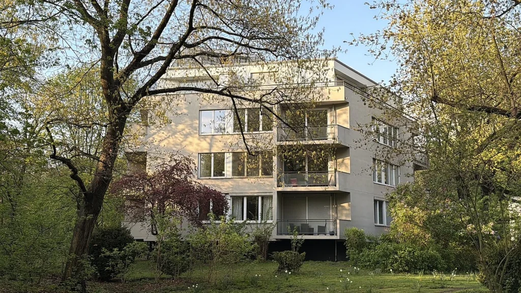 Modernist residential building in Berlin's Hansaviertel surrounded by trees and landscaped grounds.