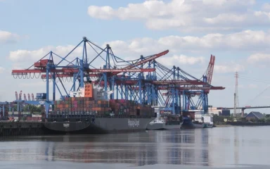 Container ships and cranes at a container terminal in Hamburg, Germany.