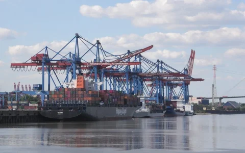Container ships and cranes at a container terminal in Hamburg, Germany.