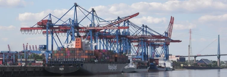 Container ships and cranes at a container terminal in Hamburg, Germany.