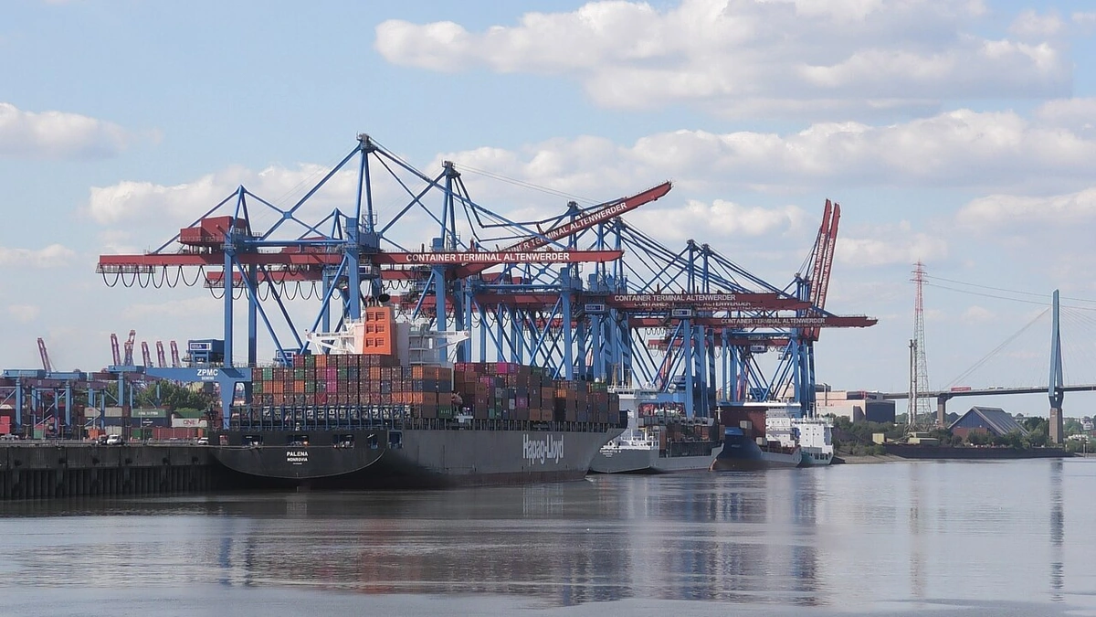 Container ships and cranes at a container terminal in Hamburg, Germany.