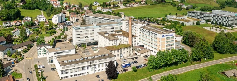 Aerial view of the HUBER+SUHNER site in Herisau, Switzerland.
