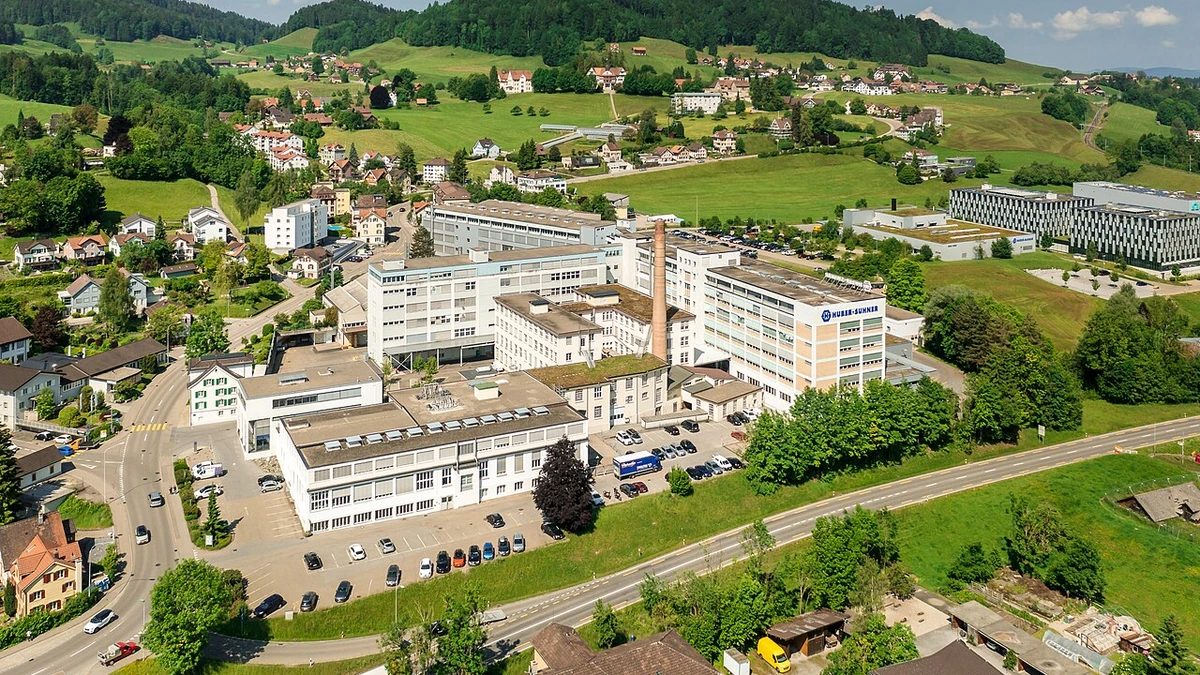 Aerial view of the HUBER+SUHNER site in Herisau, Switzerland.