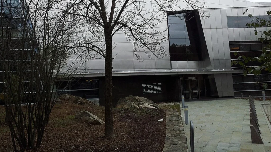 IBM corporate headquarters in Armonk, New York, with IBM signage visible on the building.