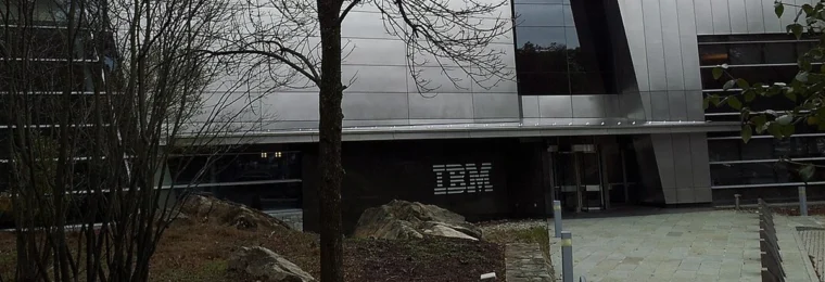 IBM corporate headquarters in Armonk, New York, with IBM signage visible on the building.