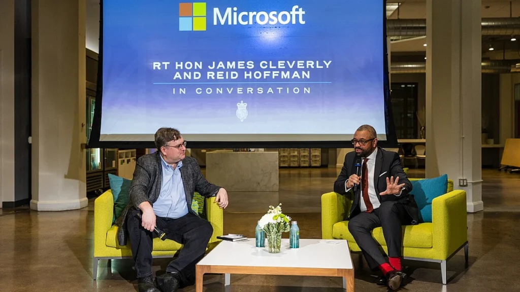 Reid Hoffman at a Microsoft event in San Francisco with James Cleverly.