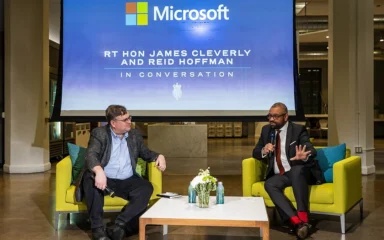 Reid Hoffman at a Microsoft event in San Francisco with James Cleverly.