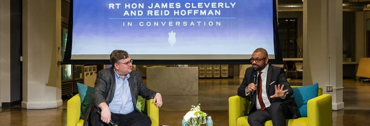 Reid Hoffman at a Microsoft event in San Francisco with James Cleverly.