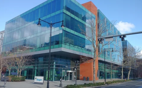 Biogen headquarters at the Philip A. Sharp Building in Cambridge, Massachusetts.