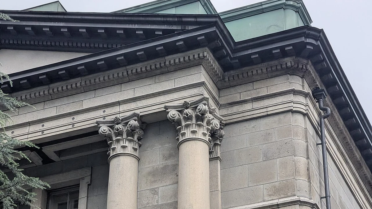 Stone facade and columns of the Bank of Japan Head Office in Tokyo.