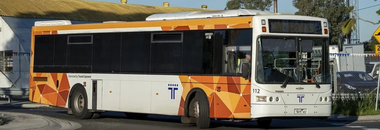 Transit Systems-operated Transport Victoria bus turning onto Durham Road in Sunshine, Victoria.