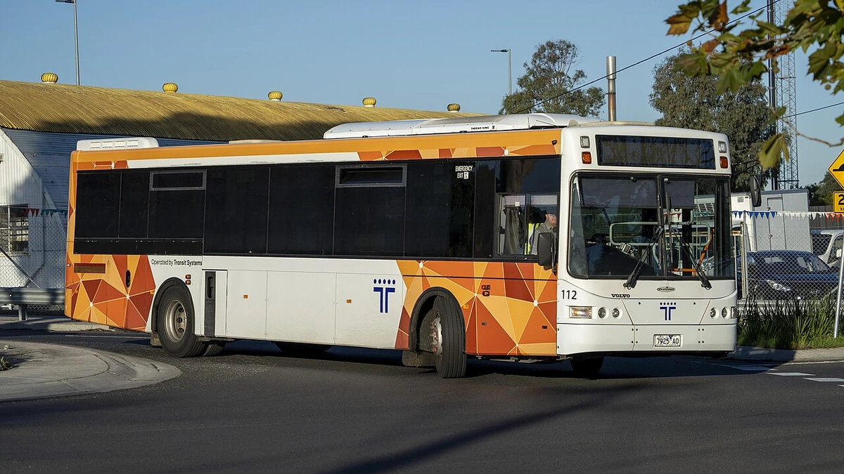 Transit Systems-operated Transport Victoria bus turning onto Durham Road in Sunshine, Victoria.