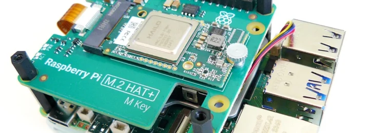 Hailo AI accelerator module mounted on a Raspberry Pi 5 via an M.2 adapter.