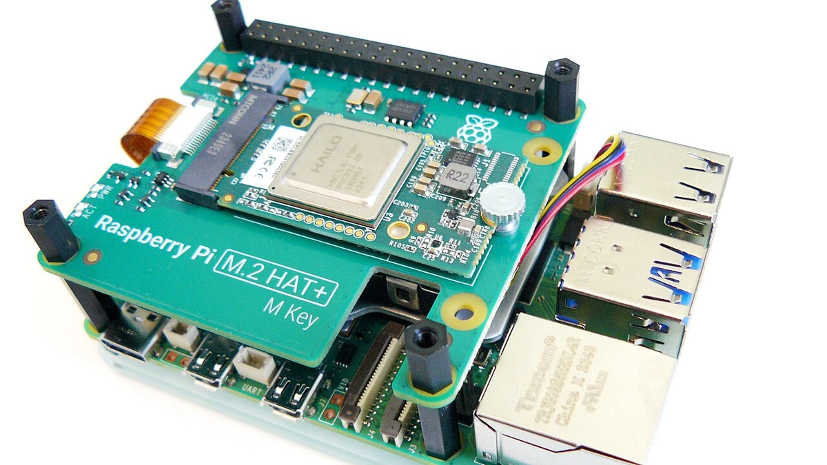 Hailo AI accelerator module mounted on a Raspberry Pi 5 via an M.2 adapter.