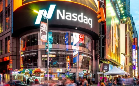 Nasdaq MarketSite signage in Times Square in New York City.