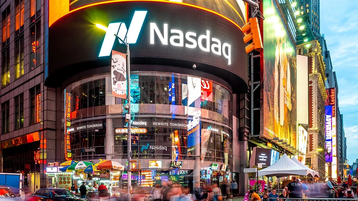Nasdaq MarketSite signage in Times Square in New York City.