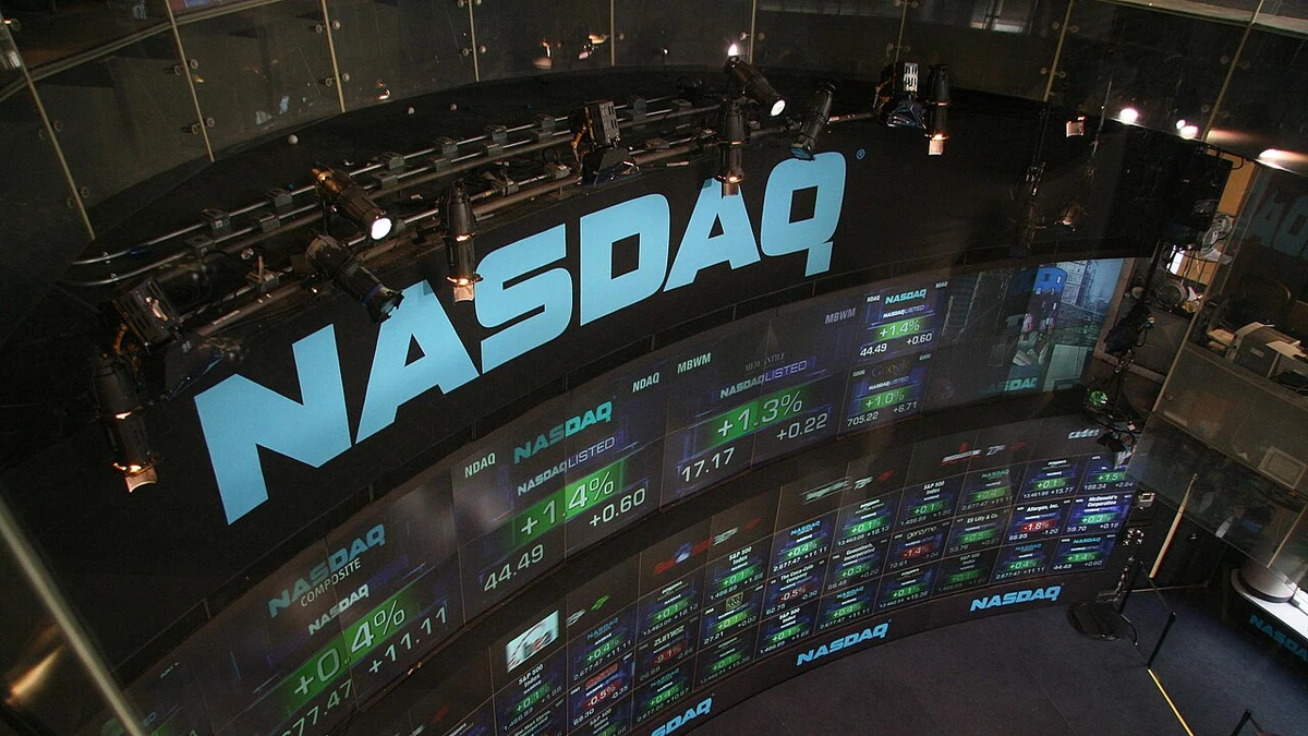 NASDAQ stock market display wall at Times Square in New York.