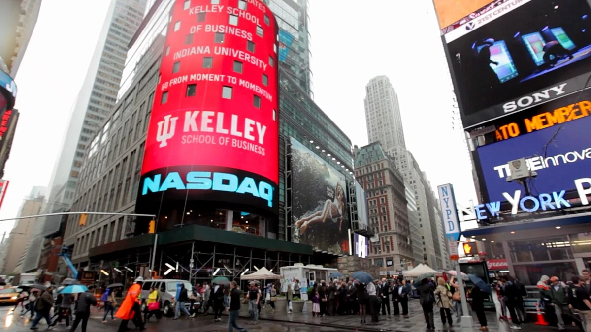 Nasdaq MarketSite signage in Times Square, New York.