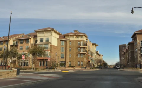 Apartment complexes along a street in the North Overton neighborhood of Lubbock, Texas.