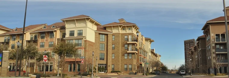 Apartment complexes along a street in the North Overton neighborhood of Lubbock, Texas.
