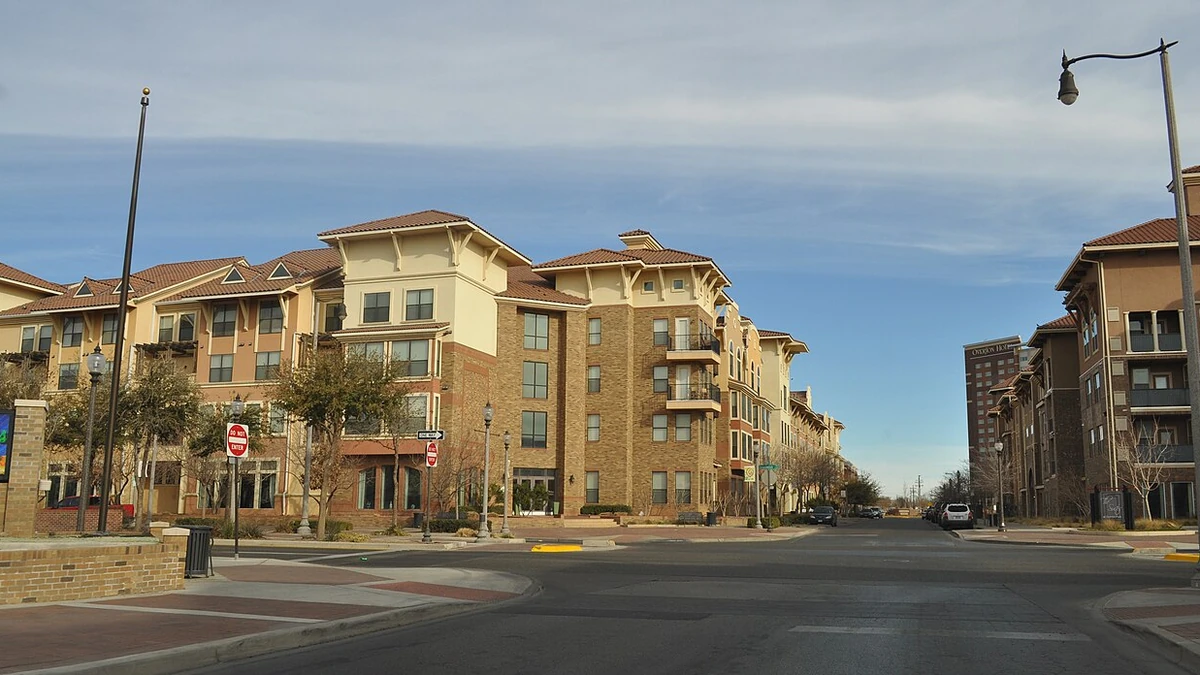 Apartment complexes along a street in the North Overton neighborhood of Lubbock, Texas.