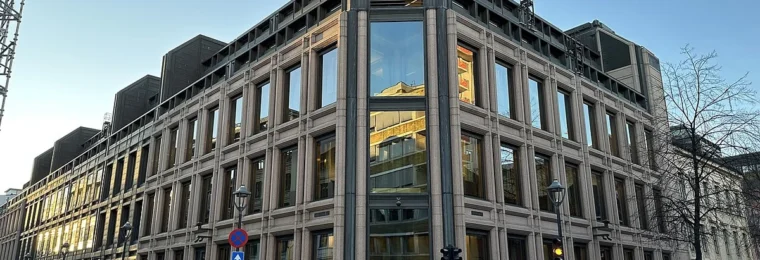 Exterior of Norges Bank headquarters in Oslo, Norway.